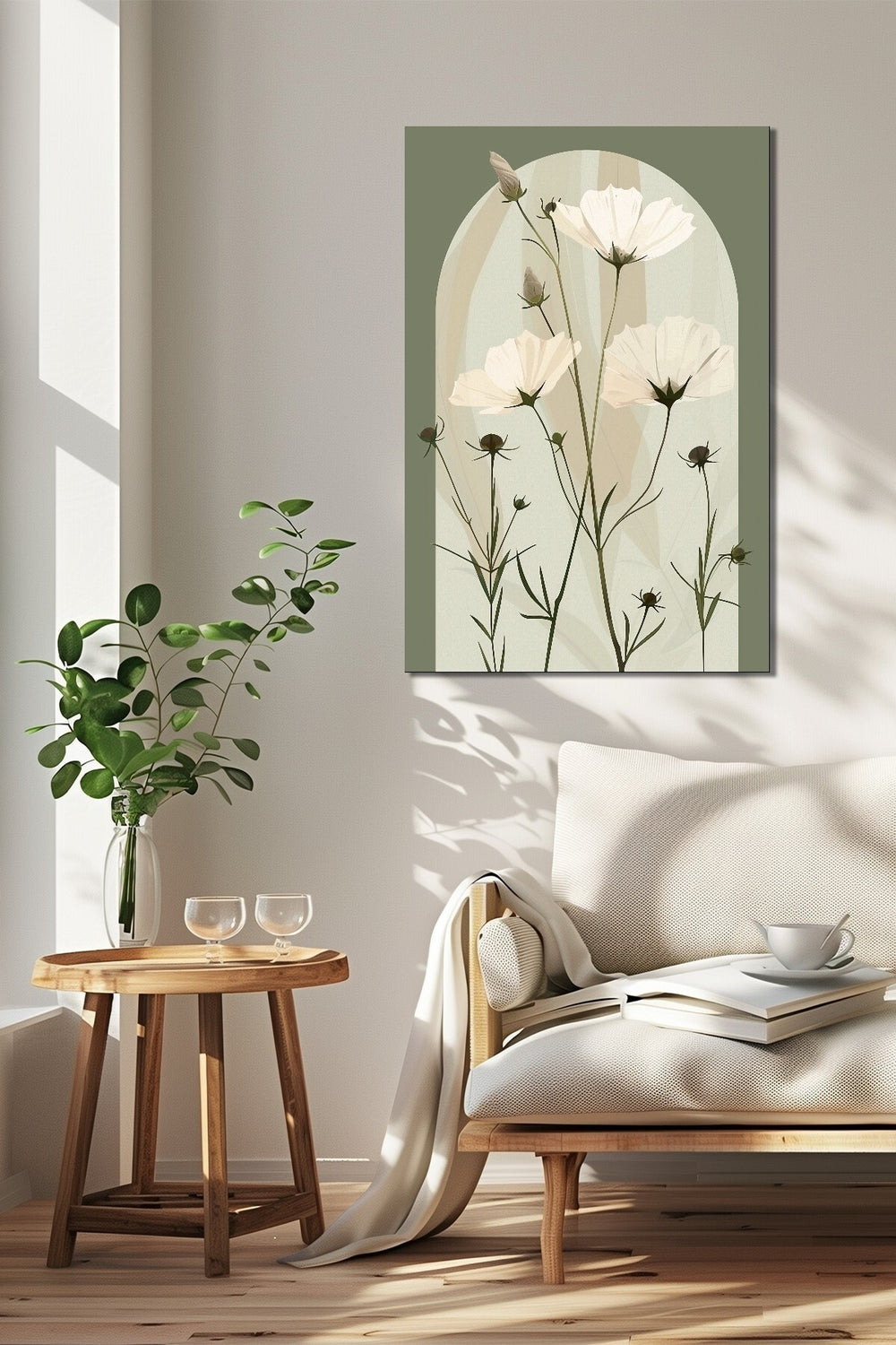 Minimalist Çiçek Baskılı Cam Tablo – Yeşil Zemin Beyaz Çiçek Desenli Modern Dekor