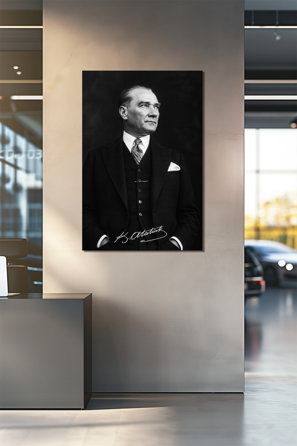 Atatürk İmzalı Siyah Beyaz Baskılı Cam Tablo – Klasik Şık UV Baskı Duvar Dekoru
