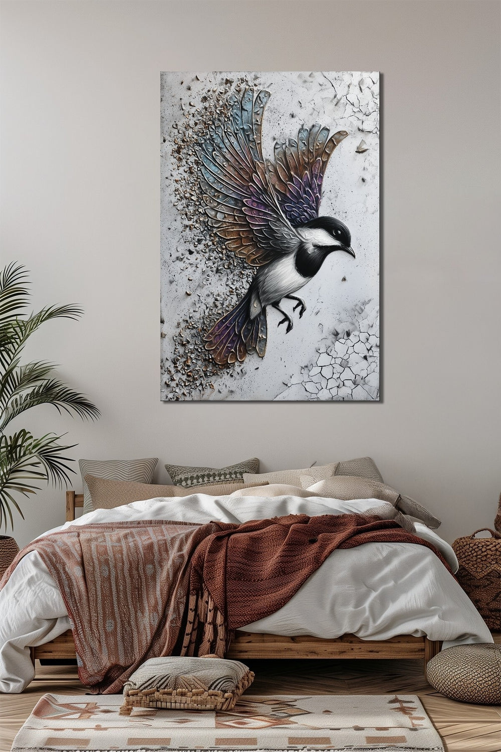Kuş Baskılı Cam Tablo – Parçalanan Kanatlı Modern Sanat Duvar Dekoru