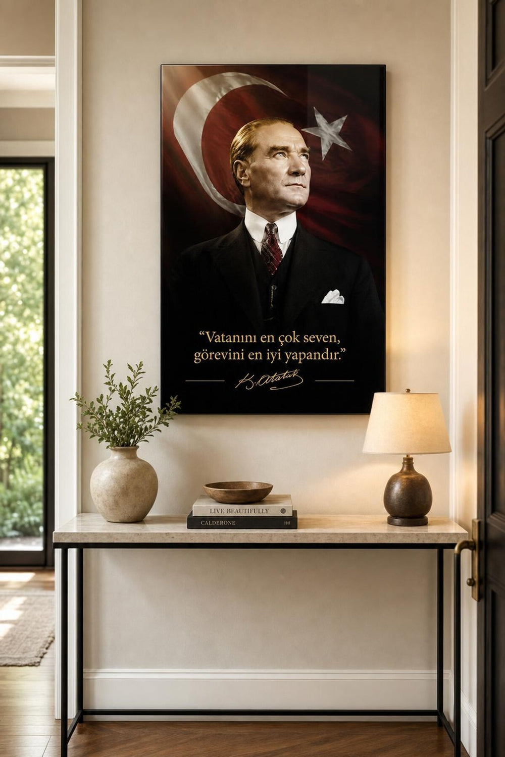 Atatürk Türk Bayrağı Baskılı Cam Tablo – Sözlü UV Baskı Dekoratif Duvar Tablosu