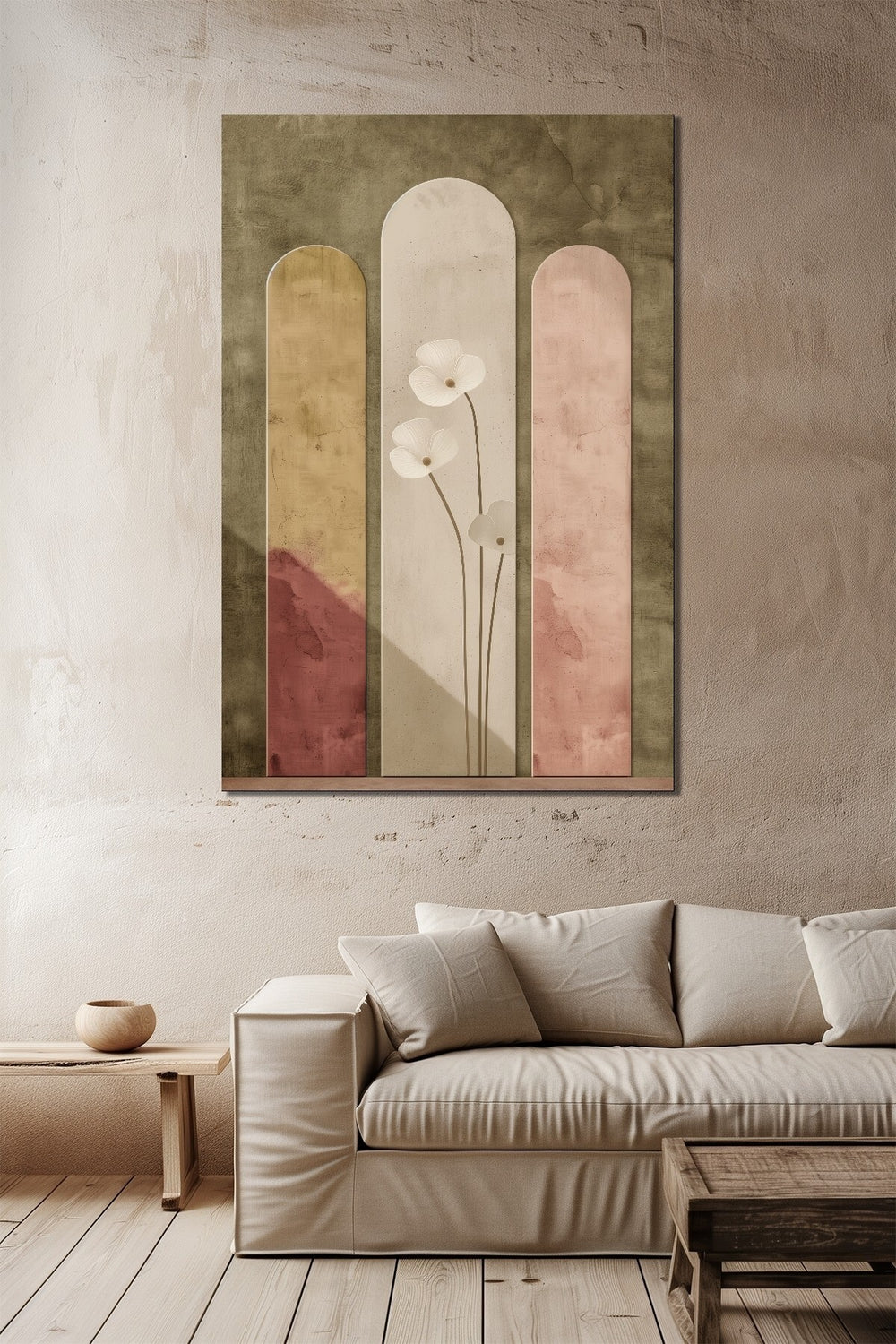 Minimalist Çiçek Baskılı Cam Tablo – Soyut Kemerli Desenli Dekoratif Duvar Tablosu
