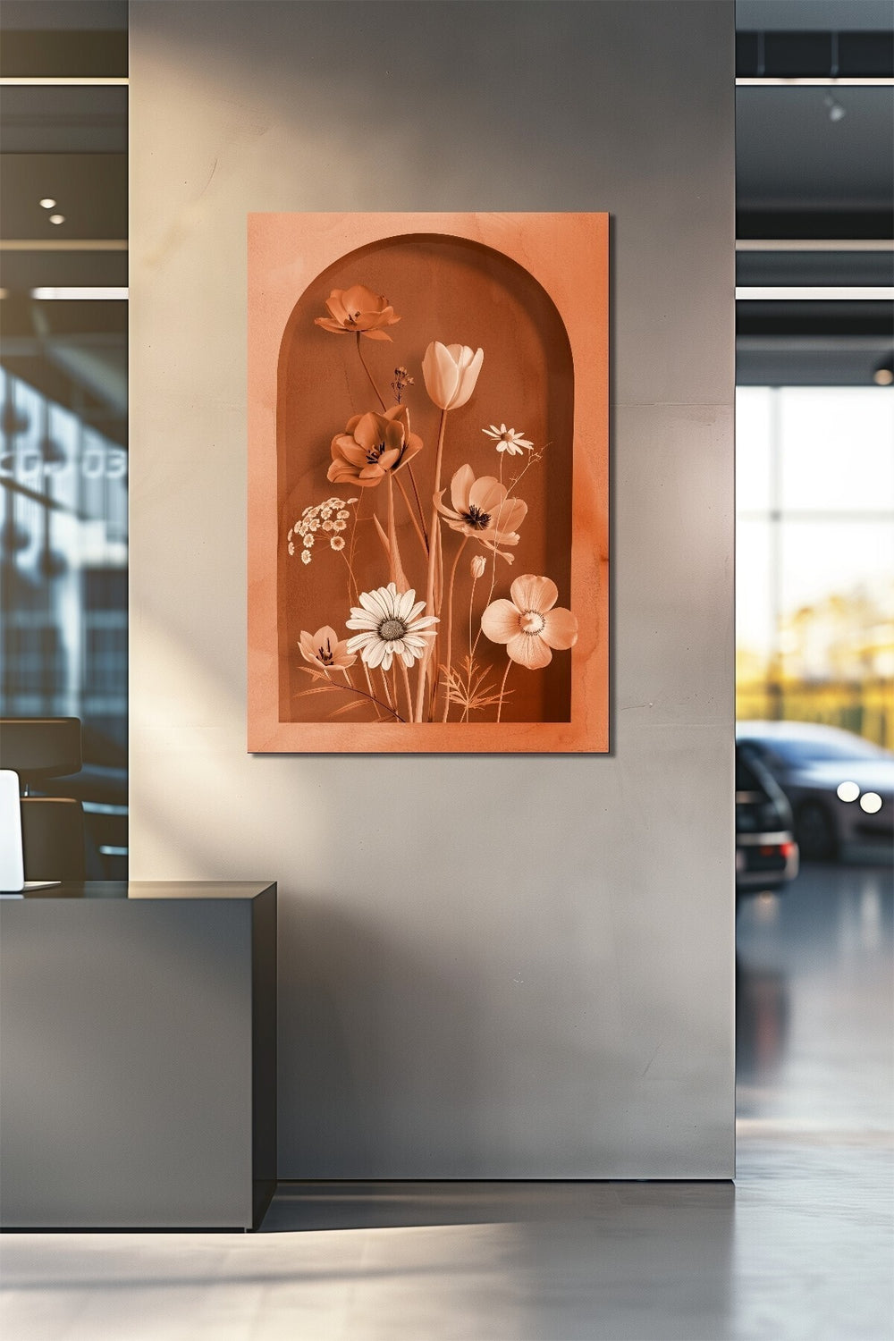 Turuncu Çiçek Baskılı Cam Tablo – Kemer Niş Tasarımlı Modern Floral Dekor