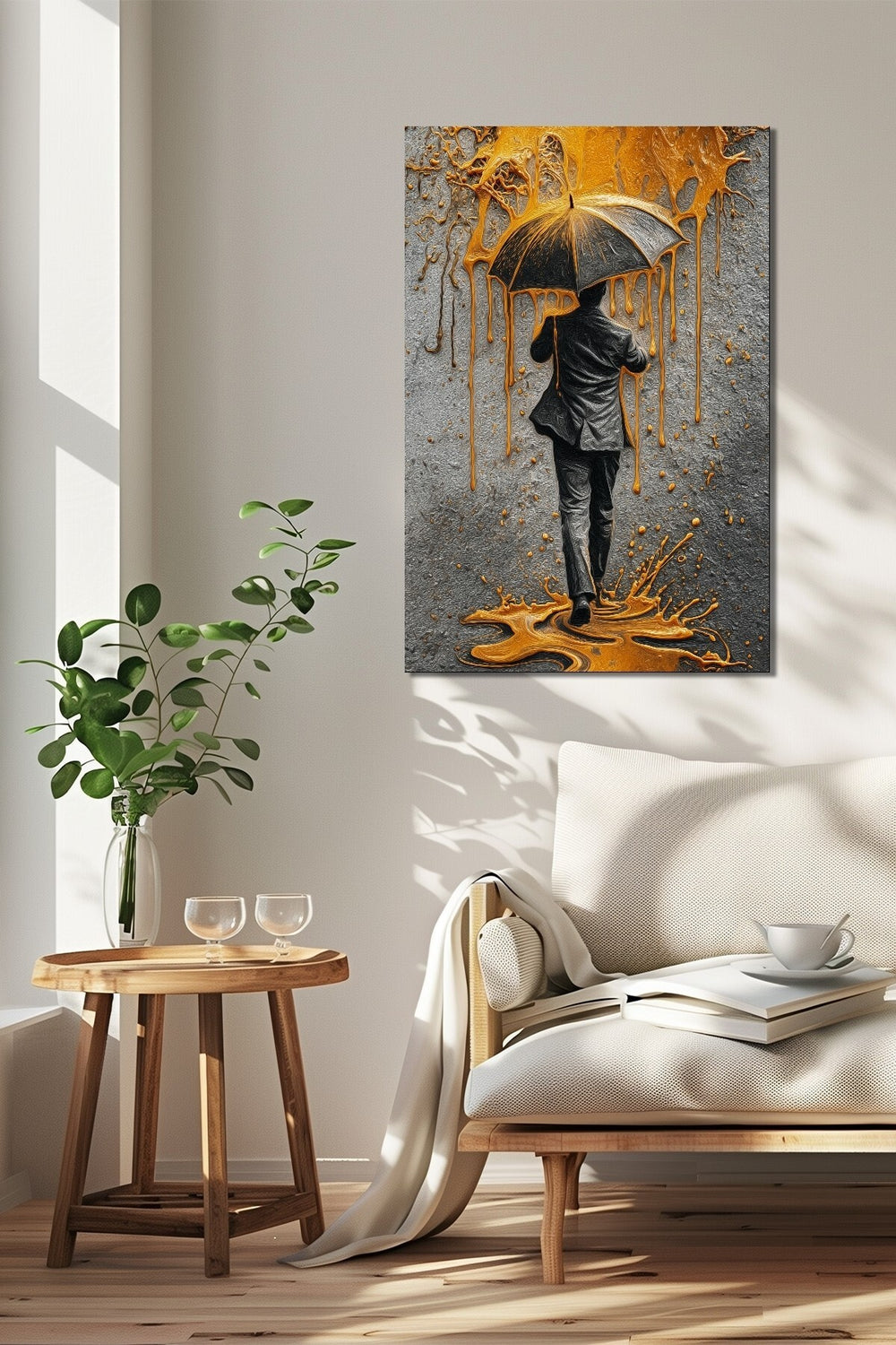 Şemsiyeli Adam Altın Yağmur Efektli Baskılı Cam Tablo – Modern Sanat UV Baskı
