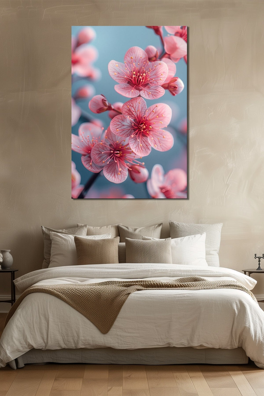 Sakura Çiçeği Baskılı Cam Tablo – Pembe Çiçek Desenli Modern Duvar Tablosu