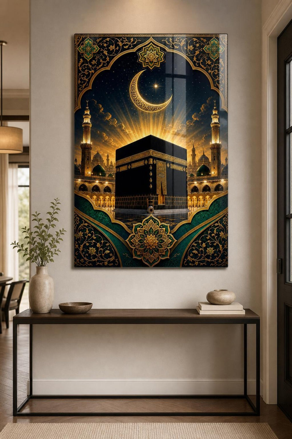 Kabe Hilal ve Altın Işık Baskılı Cam Tablo – Manevi Dini UV Baskı Dekoratif Duvar Tablosu