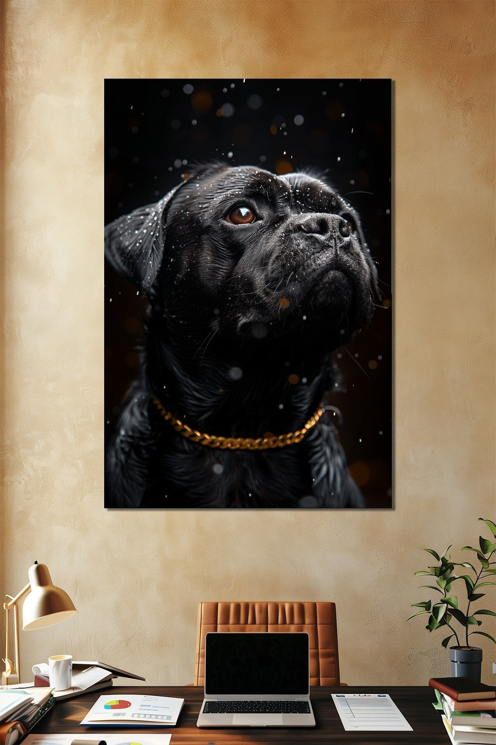 Siyah Köpek Baskılı Cam Tablo – Yağmur Efektli Gold Zincir Detaylı Modern Duvar Dekoru