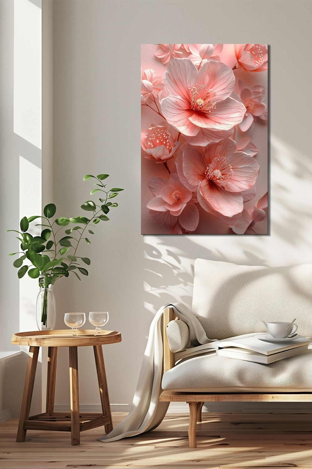 Çiçek Baskılı Cam Tablo – Pembe Floral Desenli Modern Dekoratif Duvar Tablosu
