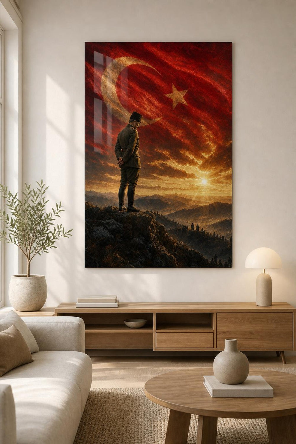 Atatürk ve Türk Bayrağı Baskılı Cam Tablo – UV Baskı Milli Dekoratif Duvar Tablosu