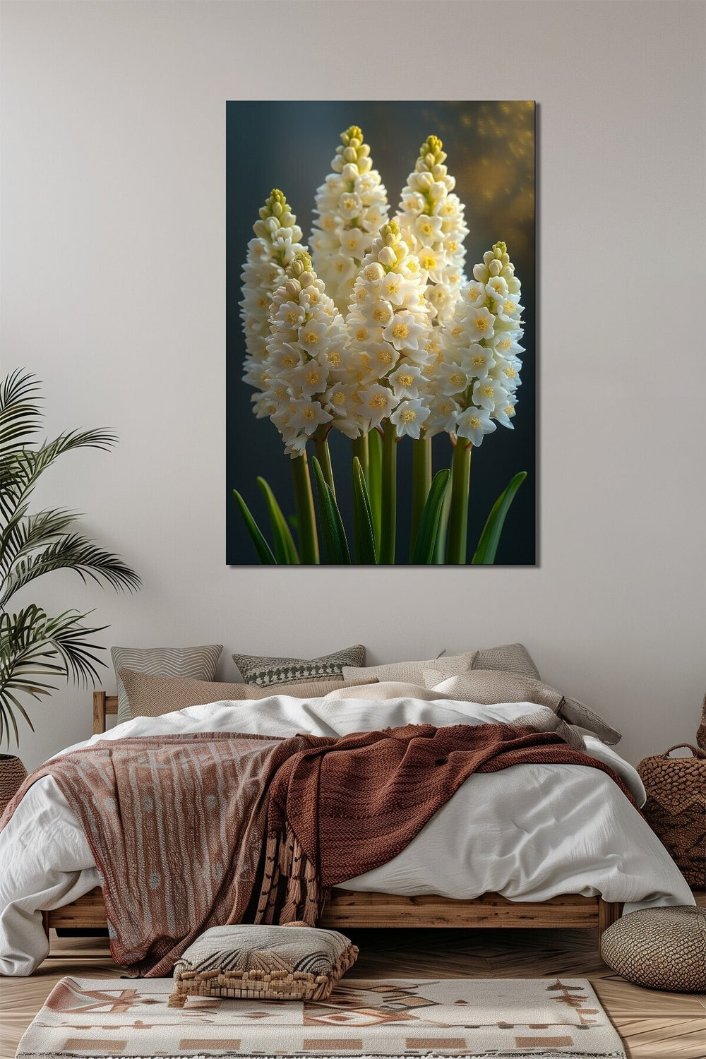 Beyaz Sümbül Buketi Baskılı Cam Tablo – Beyaz Çiçekli Zarif Dekoratif Duvar Tablosu