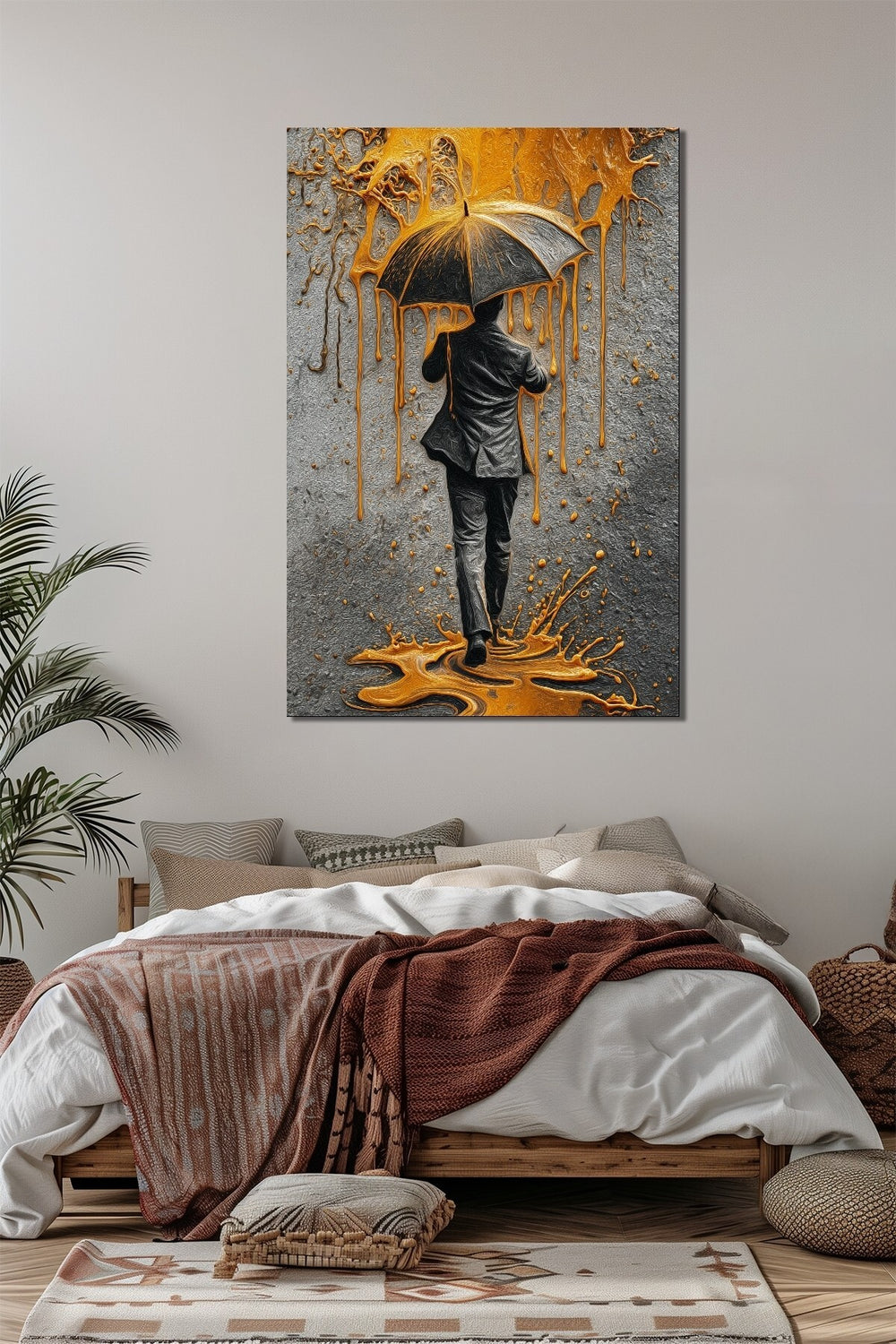 Şemsiyeli Adam Altın Yağmur Efektli Baskılı Cam Tablo – Modern Sanat UV Baskı