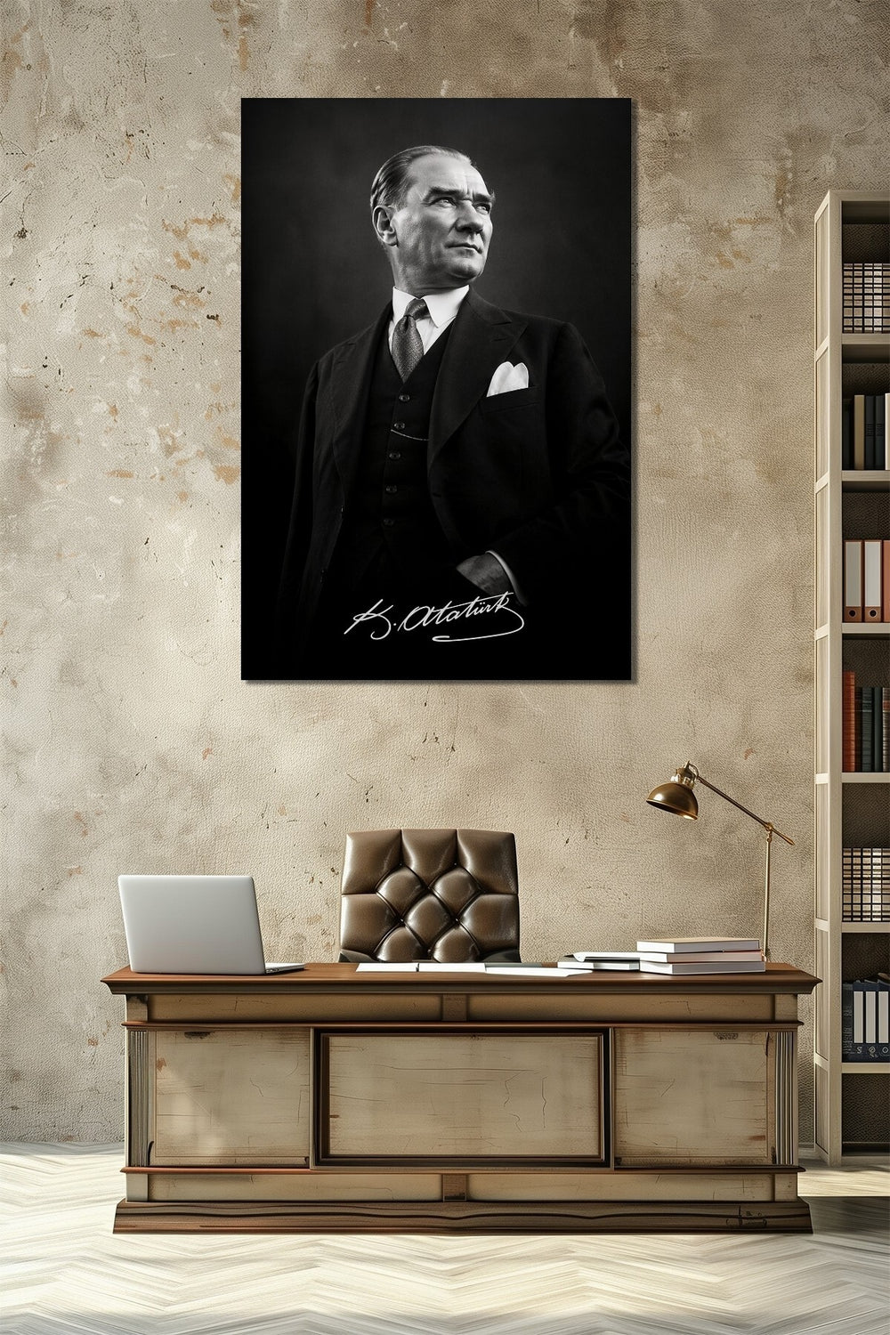 Atatürk İmzalı Siyah Beyaz Cam Tablo – Modern Prestij UV Baskı Duvar Dekoru