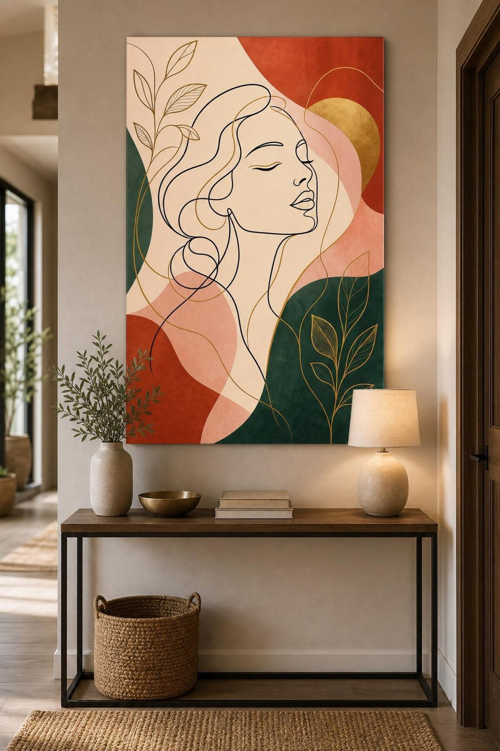 Kadın Portre Desenli Baskılı Cam Tablo – Modern Line Art UV Baskı Duvar Tablosu