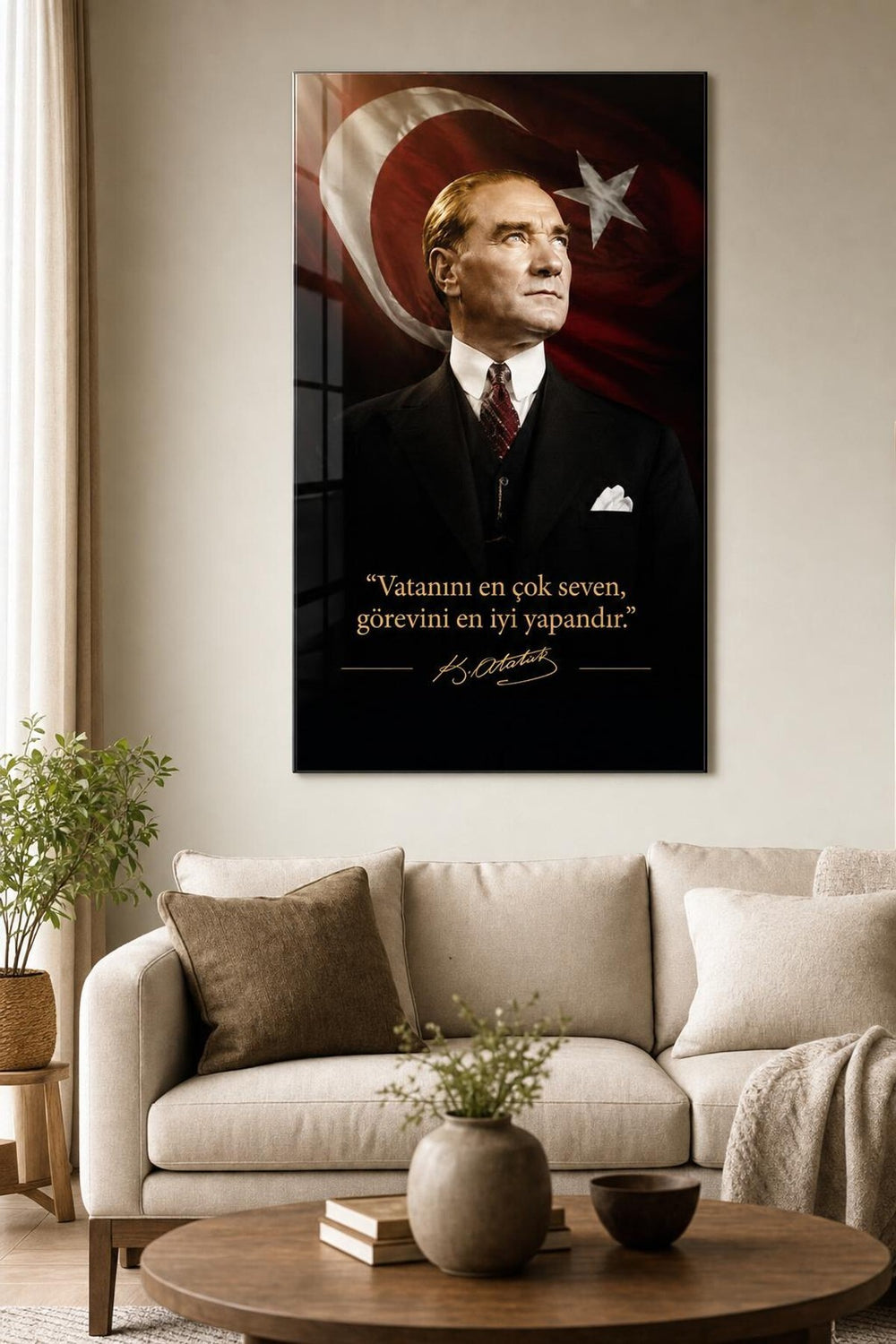 Atatürk Türk Bayrağı Baskılı Cam Tablo – Sözlü UV Baskı Dekoratif Duvar Tablosu