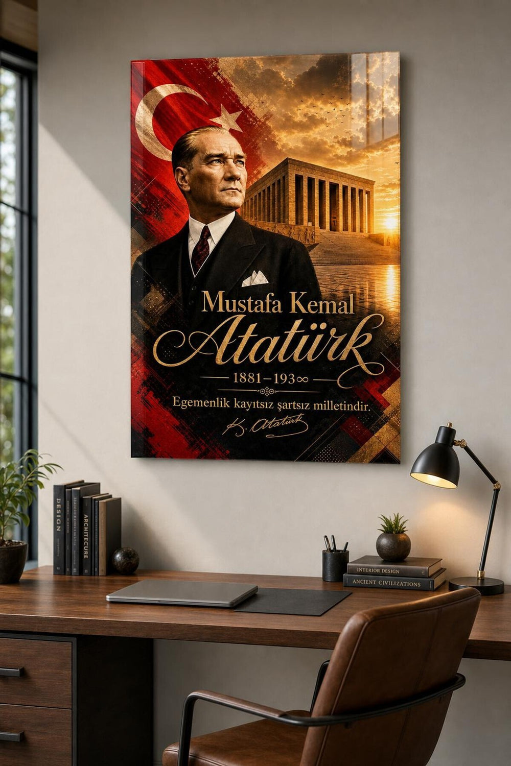 Atatürk ve Anıtkabir Baskılı Cam Tablo – Türk Bayrağı UV Baskı Duvar Dekoru