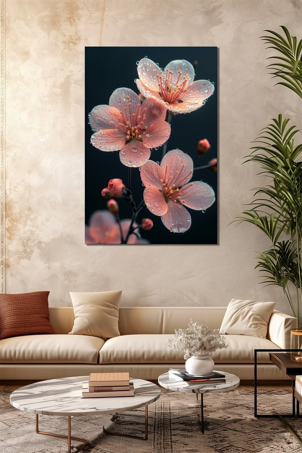 Çiçek Baskılı Cam Tablo – Pembe Sakura Çiçeği Dekoratif Duvar Tablosu