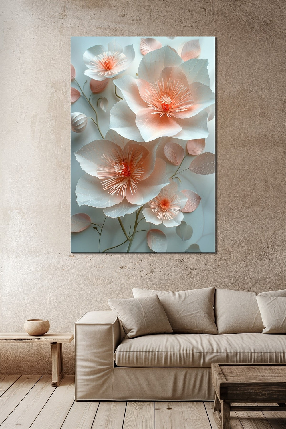 Çiçek Baskılı Cam Tablo – Pastel Tonlu Zarif Floral Dekoratif Duvar Tablosu
