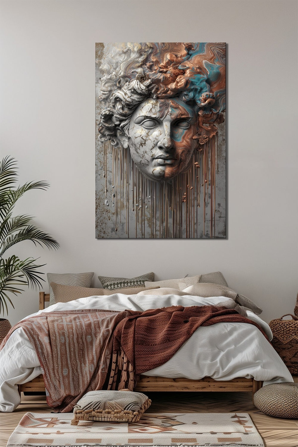 Antik Maske Baskılı Cam Tablo – Soyut Mermer Efektli Modern Sanat Duvar Dekoru