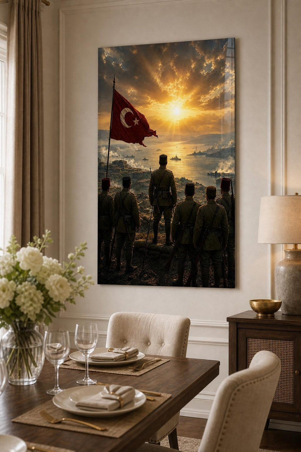 Türk Bayrağı Asker Temalı Baskılı Cam Tablo – UV Baskı Vatan Duvar Dekoru