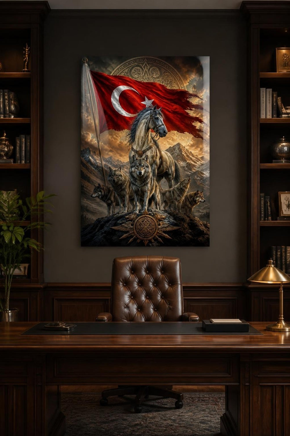 Türk Bayrağı Kurt ve At Figürlü Baskılı Cam Tablo – Türk Motifli Duvar Dekoru — görsel 3