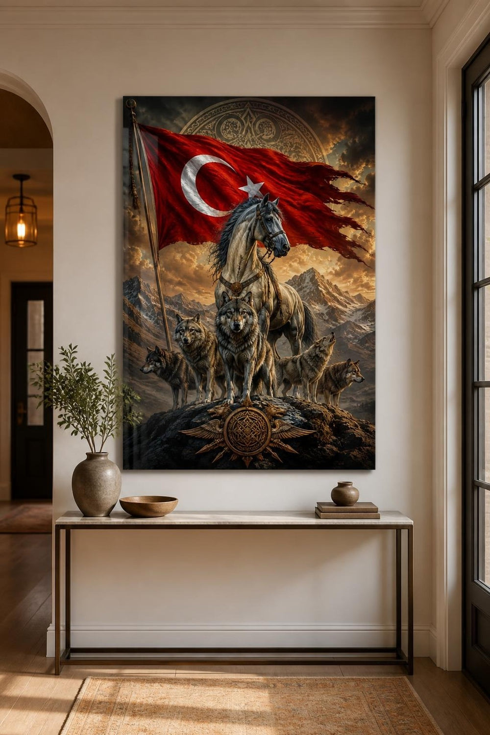 Türk Bayrağı Kurt ve At Figürlü Baskılı Cam Tablo – Türk Motifli Duvar Dekoru — görsel 5