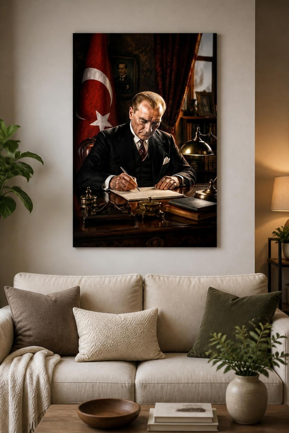 Atatürk Çalışma Masasında Baskılı Cam Tablo – UV Baskı Dekoratif Duvar Tablosu — görsel 2