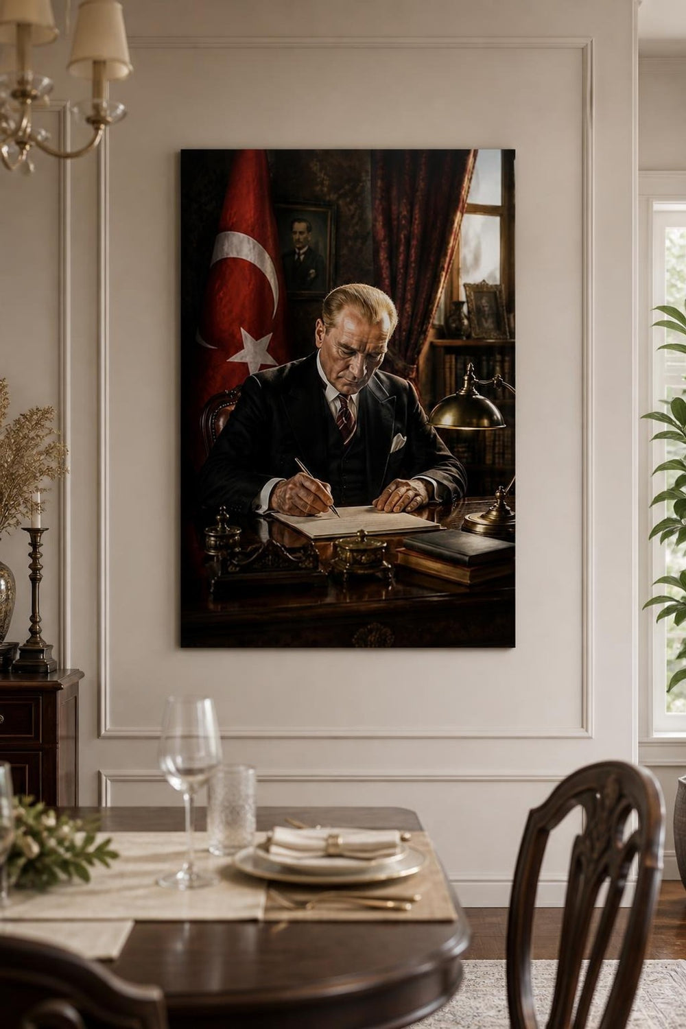 Atatürk Çalışma Masasında Baskılı Cam Tablo – UV Baskı Dekoratif Duvar Tablosu — görsel 4