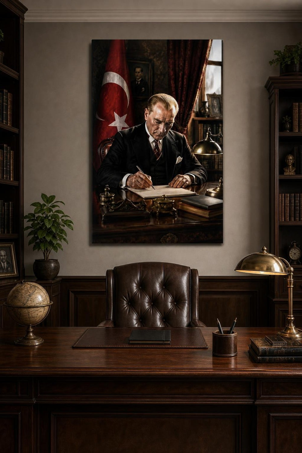Atatürk Çalışma Masasında Baskılı Cam Tablo – UV Baskı Dekoratif Duvar Tablosu — görsel 3