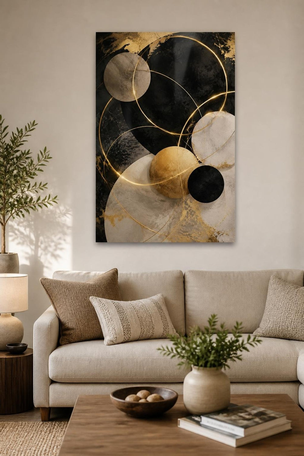 Siyah Altın Geometrik Baskılı Cam Tablo – Modern Dekoratif Duvar Sanatı — görsel 3