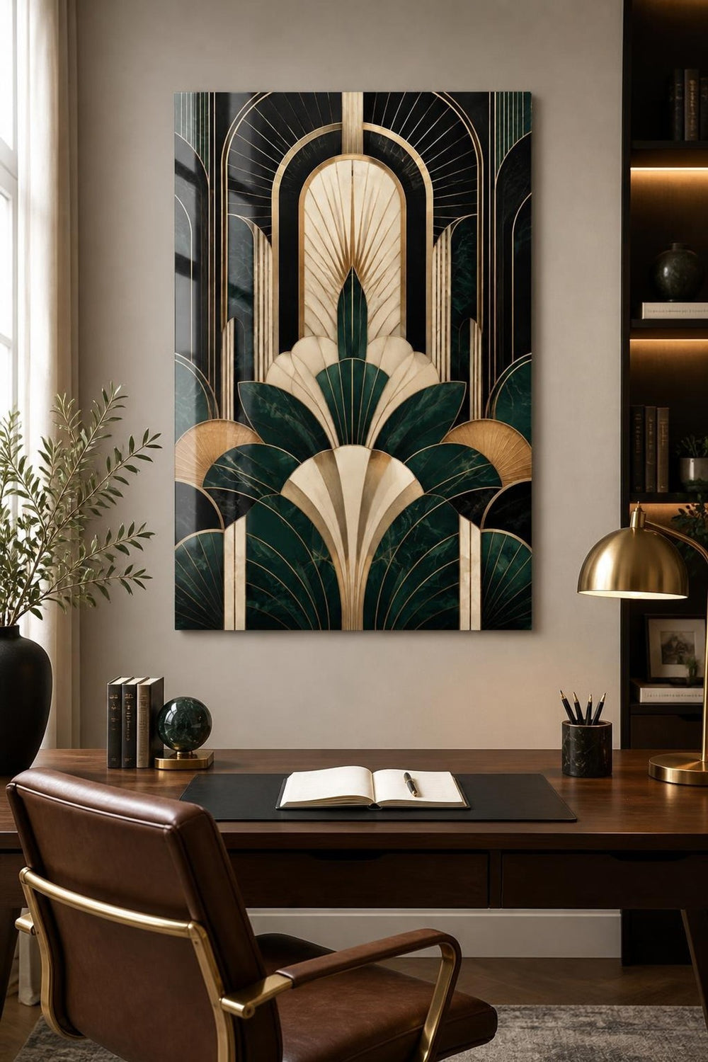 Art Deco Desenli Baskılı Cam Tablo – Geometrik Lüks Duvar Dekoru — görsel 1