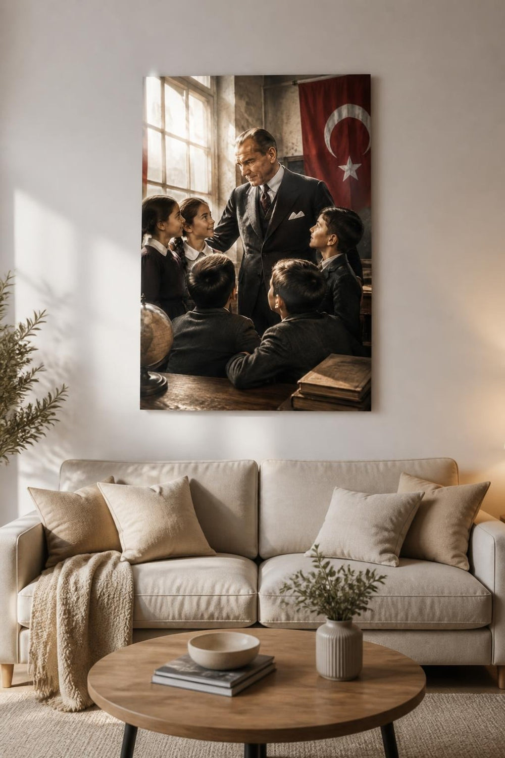Atatürk ve Çocuklar Baskılı Cam Tablo – Tarihi Dekoratif Duvar Tablosu — görsel 1