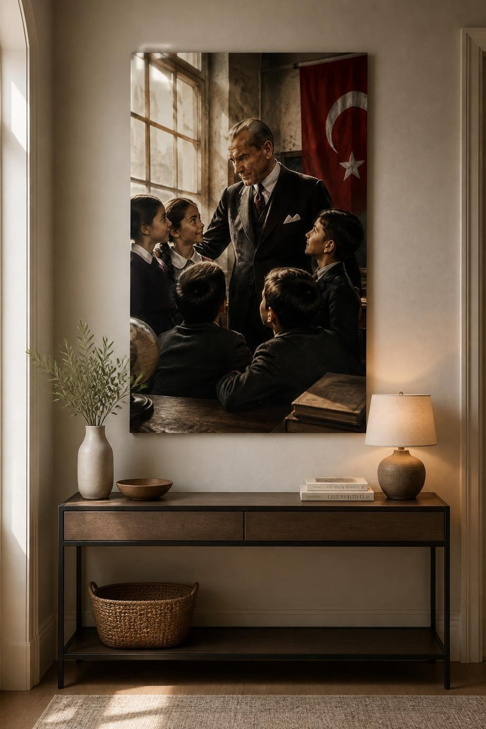 Atatürk ve Çocuklar Baskılı Cam Tablo – Tarihi Dekoratif Duvar Tablosu — görsel 2