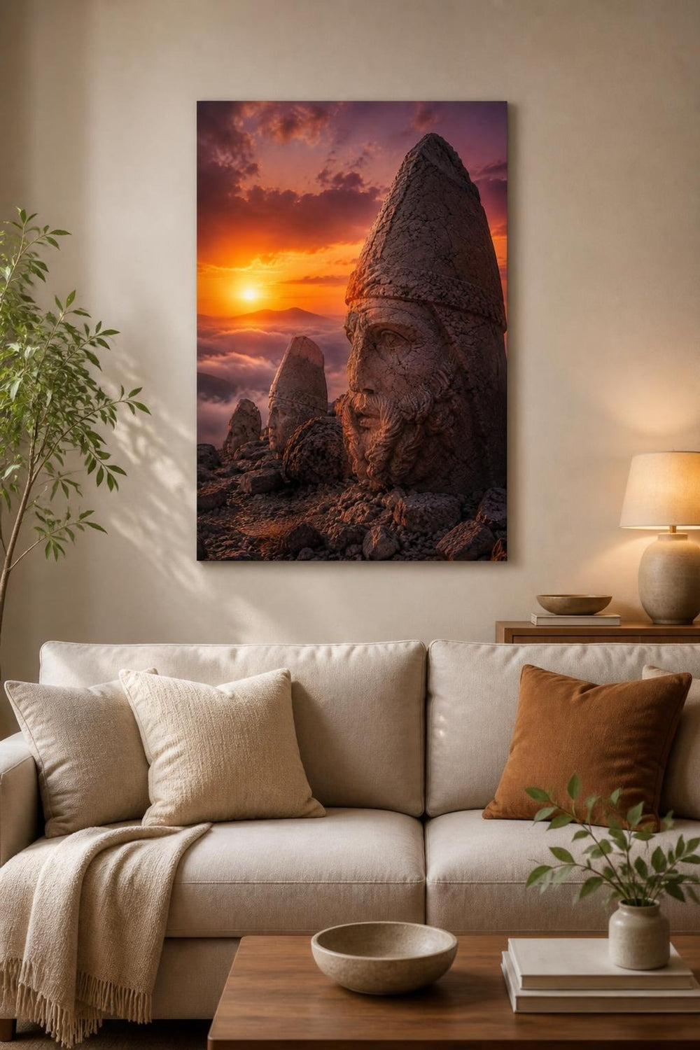 Nemrut Dağı Taş Heykelleri Baskılı Cam Tablo – Antik Doğa Manzarası Duvar Dekoru — görsel 1