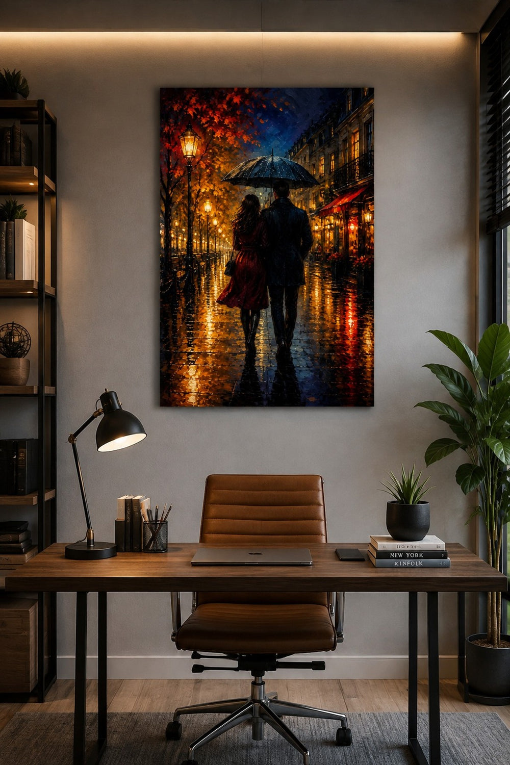 Yağmurlu Sokak Aşkı Baskılı Cam Tablo – Romantik Duvar Dekoru — görsel 1