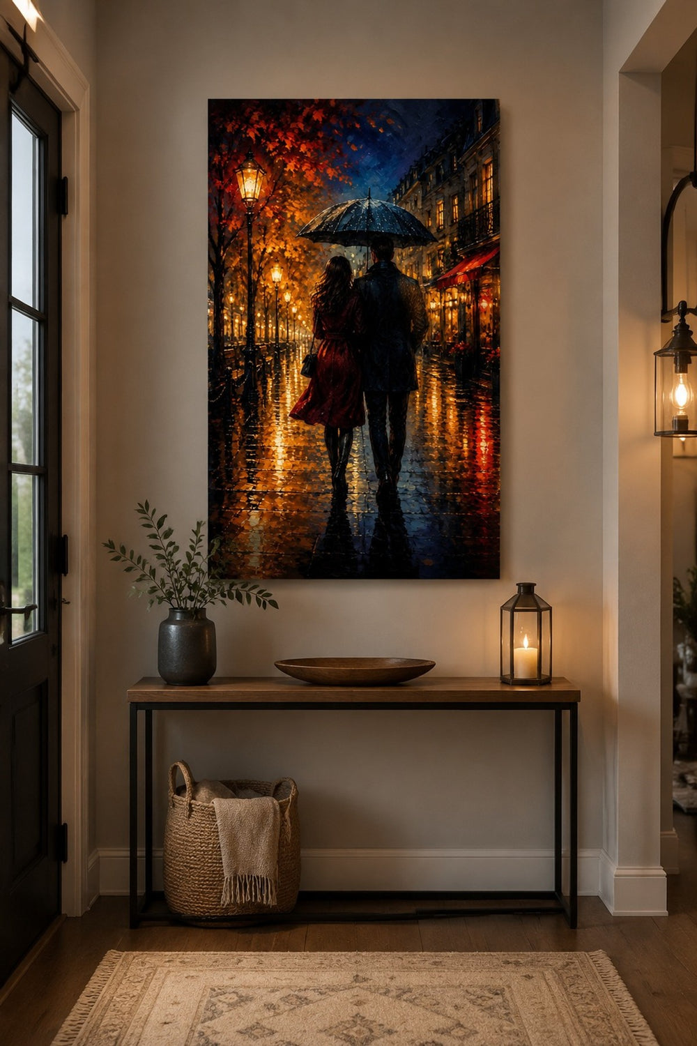 Yağmurlu Sokak Aşkı Baskılı Cam Tablo – Romantik Duvar Dekoru — görsel 2
