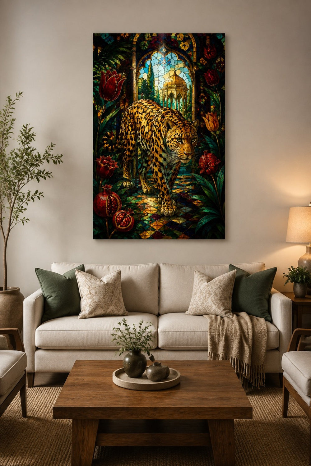 Leopar Desenli Baskılı Cam Tablo – Vitray Stil Dekoratif Duvar Tablosu — görsel 1
