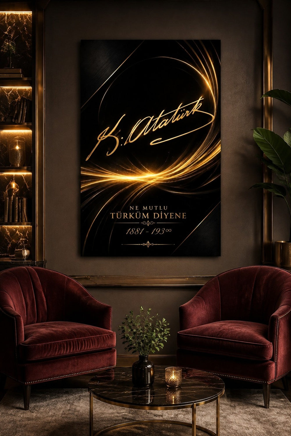 Atatürk İmzalı Baskılı Cam Tablo – Premium Altın Detaylı Duvar Dekoru — görsel 4