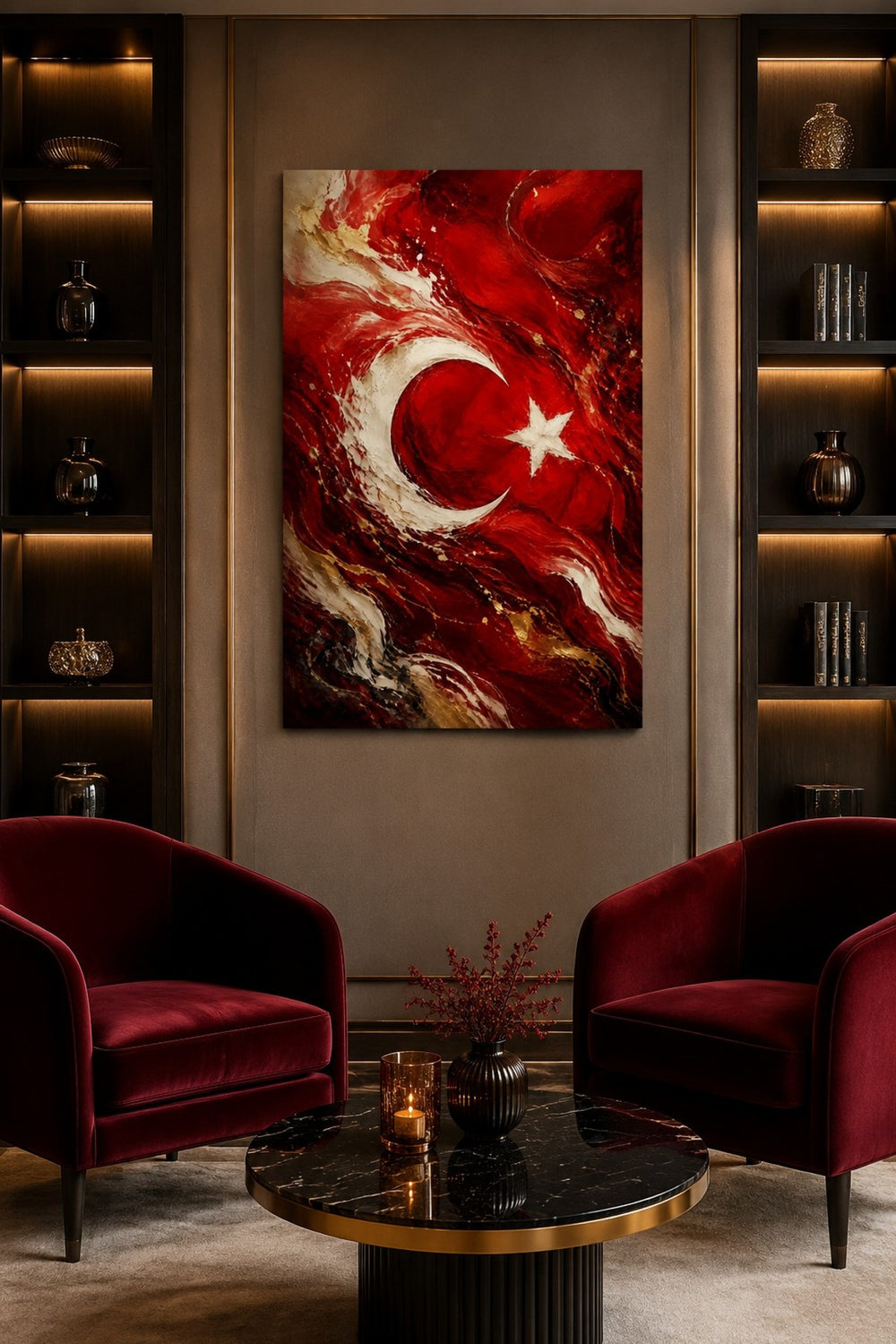 Türk Bayrağı Temalı Baskılı Cam Tablo – Soyut Sanat UV Baskı Duvar Dekoru — görsel 4