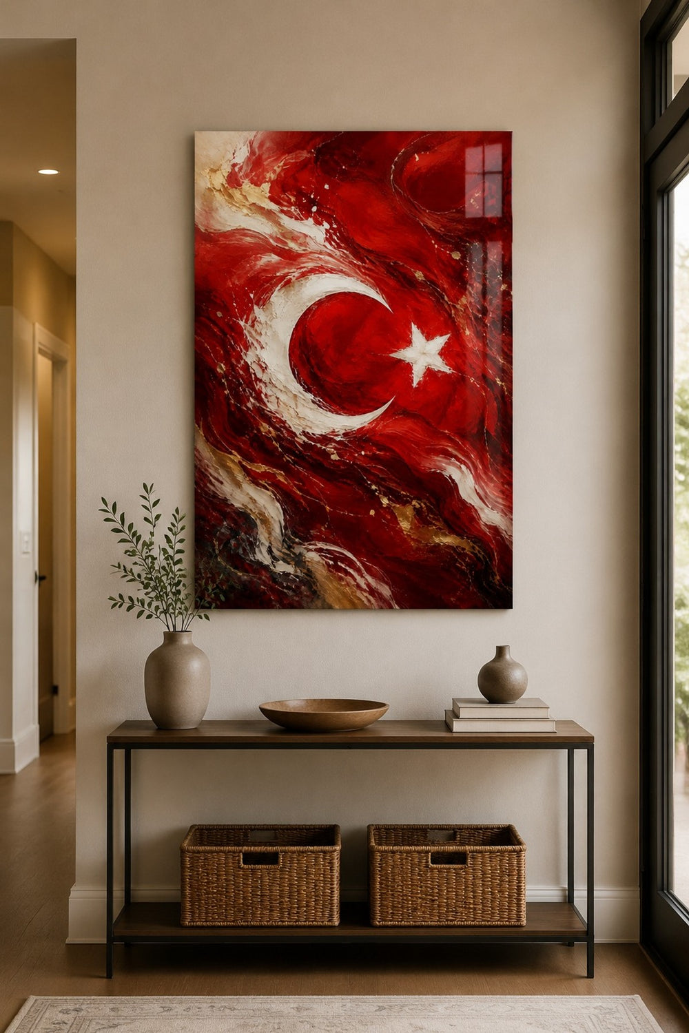 Türk Bayrağı Temalı Baskılı Cam Tablo – Soyut Sanat UV Baskı Duvar Dekoru — görsel 3