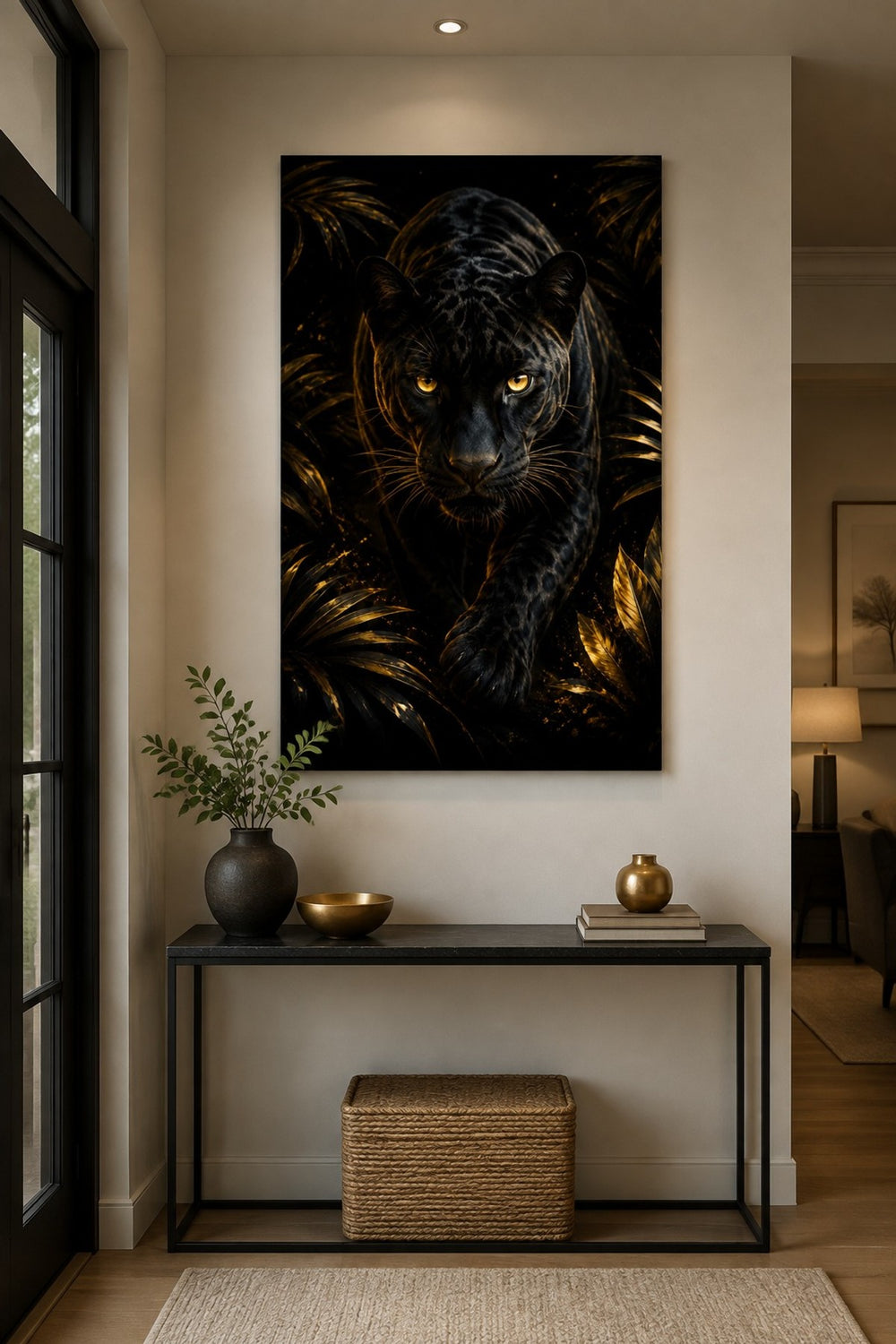 Siyah Panter Baskılı Cam Tablo – Altın Detaylı Modern Duvar Dekoru — görsel 4