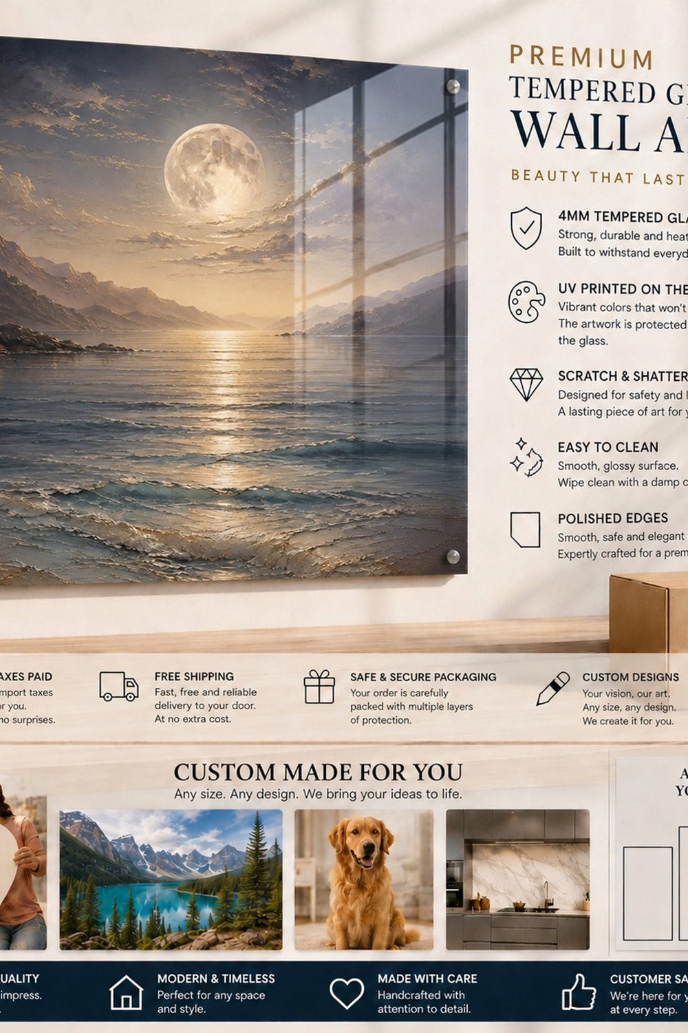 Dolunay Deniz Manzaralı Baskılı Cam Tablo – UV Baskı Dekoratif Duvar Tablosu — görsel 9