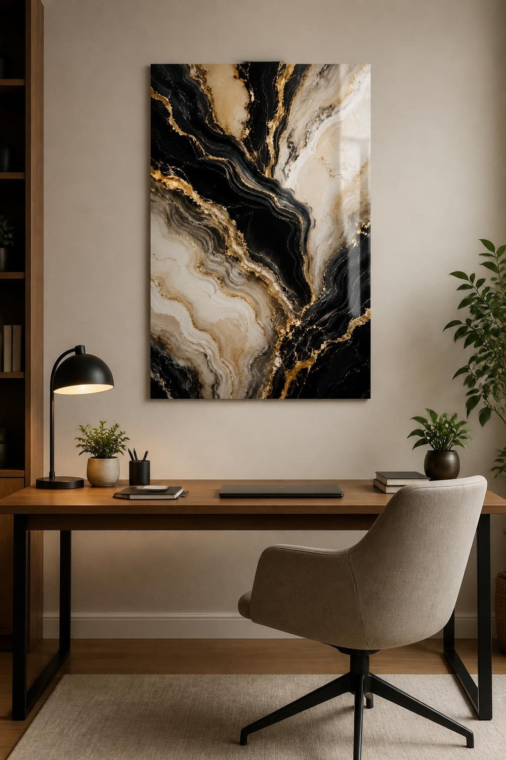 Siyah Gold Mermer Desenli Baskılı Cam Tablo – Lüks Modern Duvar Dekoru — görsel 2