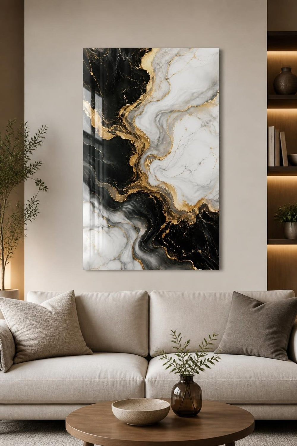 Siyah Beyaz Mermer Desenli Baskılı Cam Tablo – Gold Detaylı Modern Duvar Dekoru — görsel 1