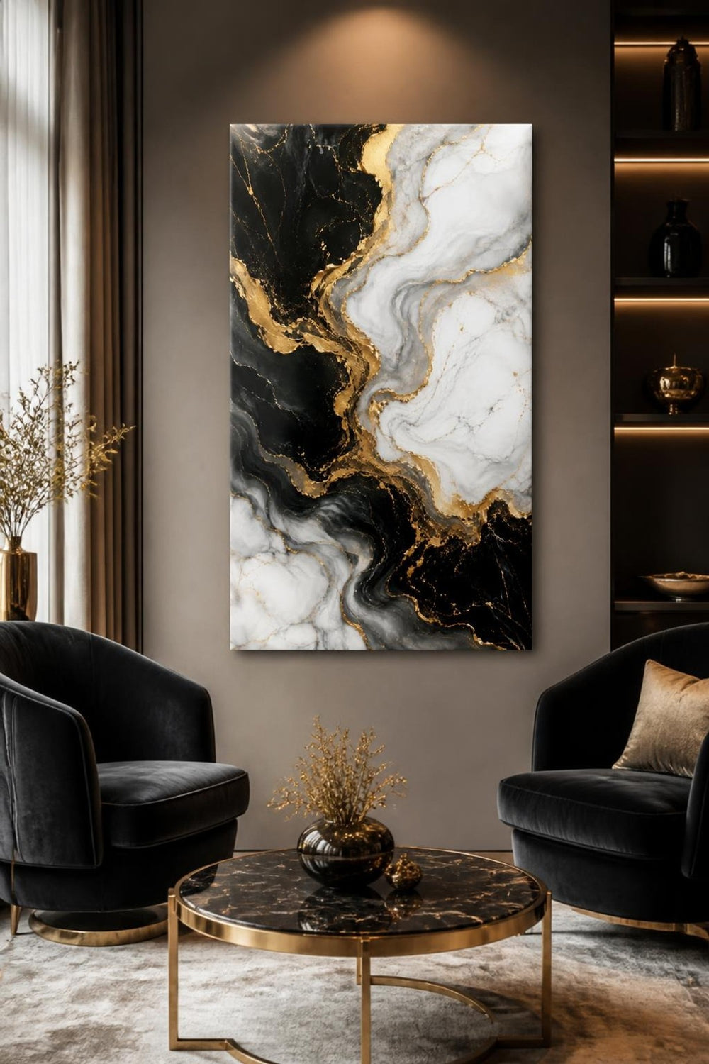 Siyah Beyaz Mermer Desenli Baskılı Cam Tablo – Gold Detaylı Modern Duvar Dekoru — görsel 4