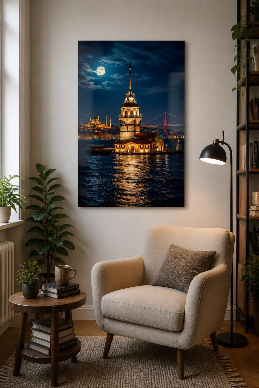 İstanbul Kız Kulesi Baskılı Cam Tablo – Gece Manzaralı Dekoratif Duvar Tablosu — görsel 3