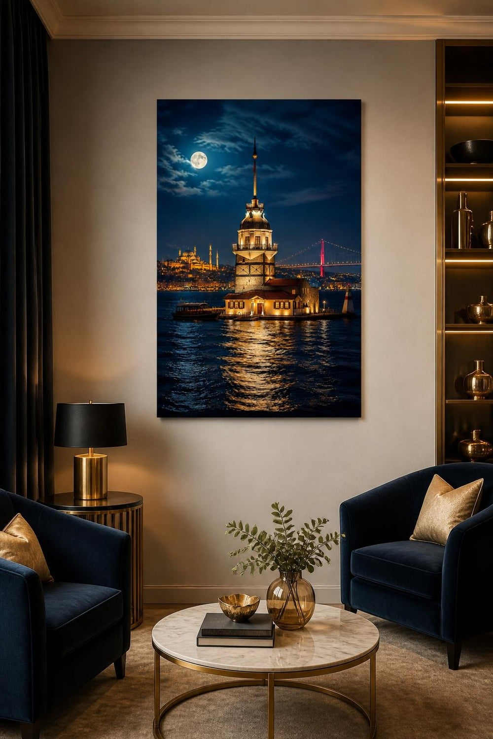 İstanbul Kız Kulesi Baskılı Cam Tablo – Gece Manzaralı Dekoratif Duvar Tablosu — görsel 4