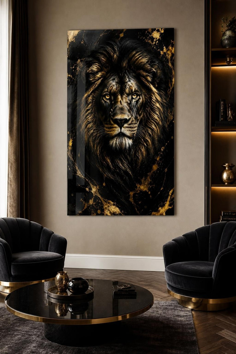 Aslan Desenli Baskılı Cam Tablo – Siyah Gold UV Baskı Dekoratif Duvar Tablosu — görsel 4
