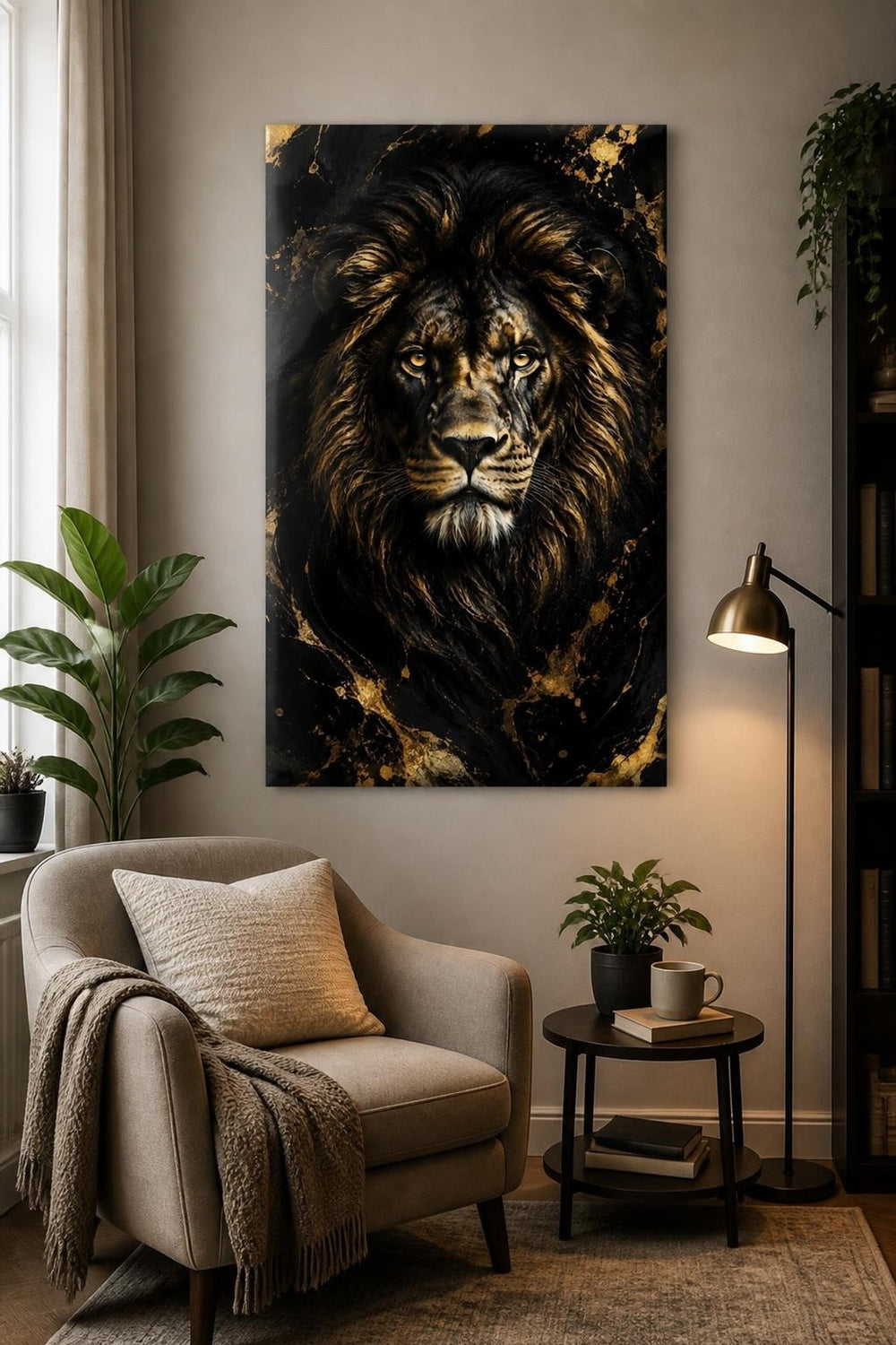 Aslan Desenli Baskılı Cam Tablo – Siyah Gold UV Baskı Dekoratif Duvar Tablosu — görsel 5