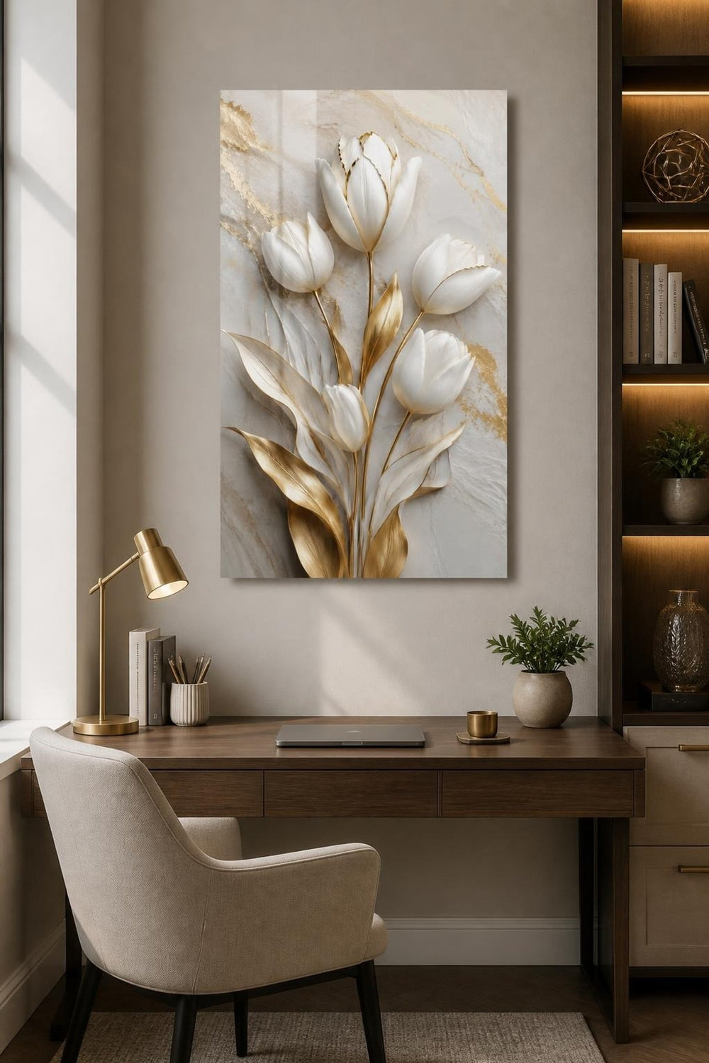 Beyaz Lale Desenli Baskılı Cam Tablo – Gold Detaylı UV Baskı Duvar Dekoru — görsel 2