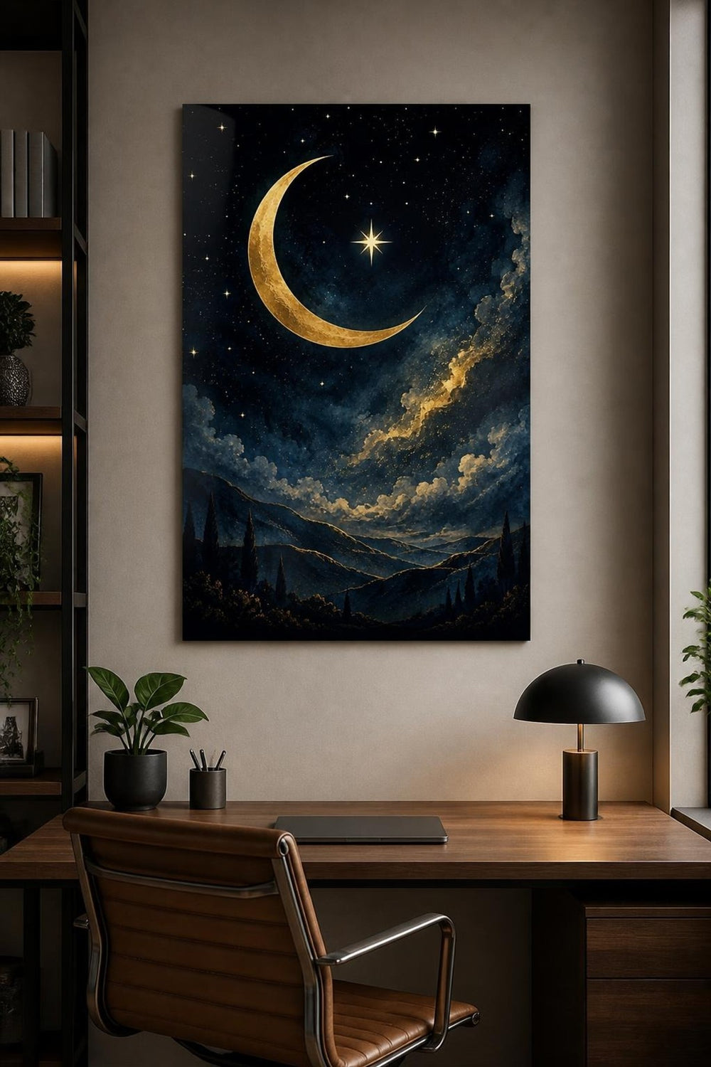 Hilal ve Yıldız Desenli Baskılı Cam Tablo – Gold Gece Gökyüzü Duvar Dekoru — görsel 2