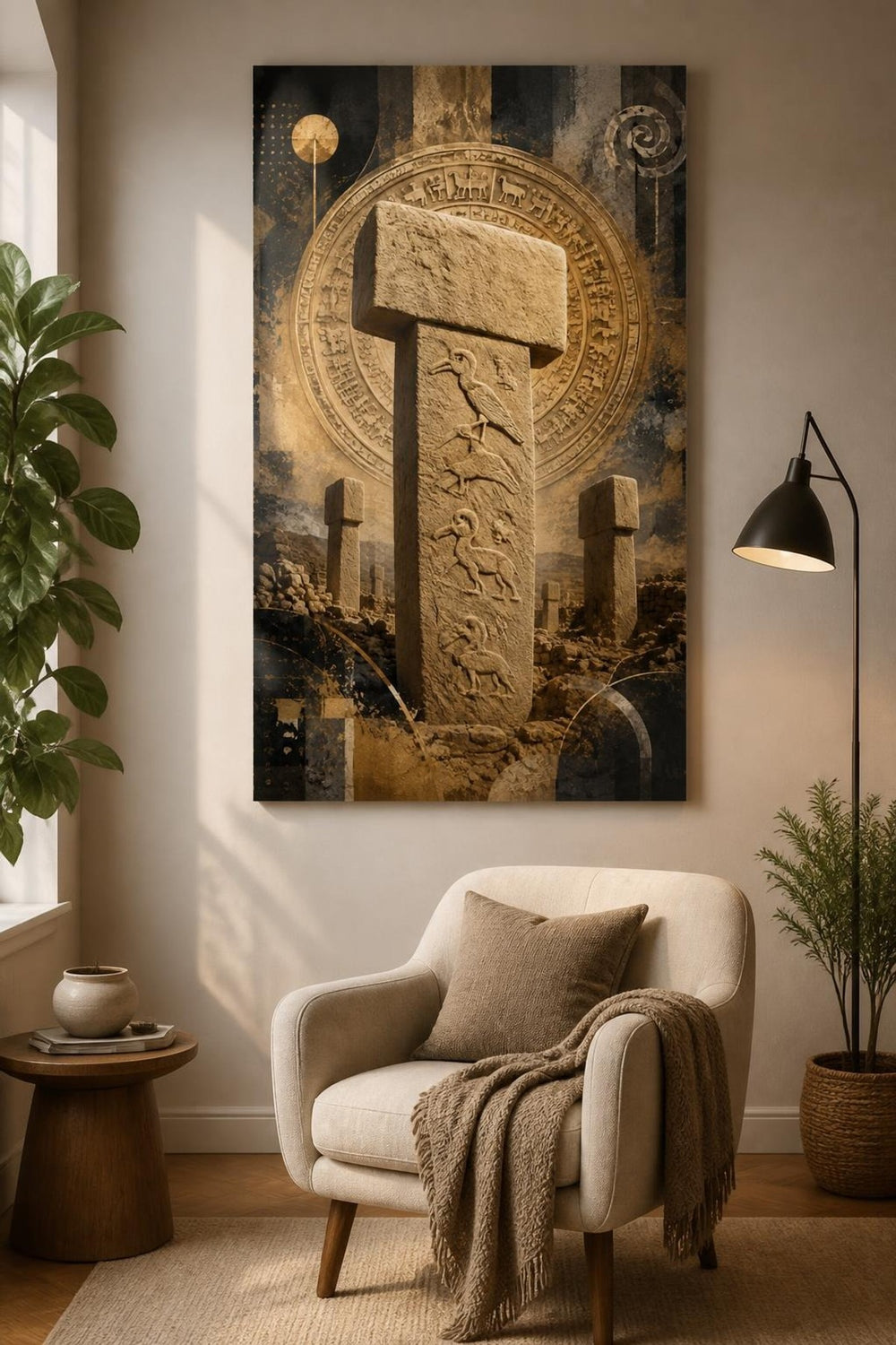 Göbeklitepe Desenli Baskılı Cam Tablo – Antik Taş Anıt UV Baskı Duvar Dekoru — görsel 5